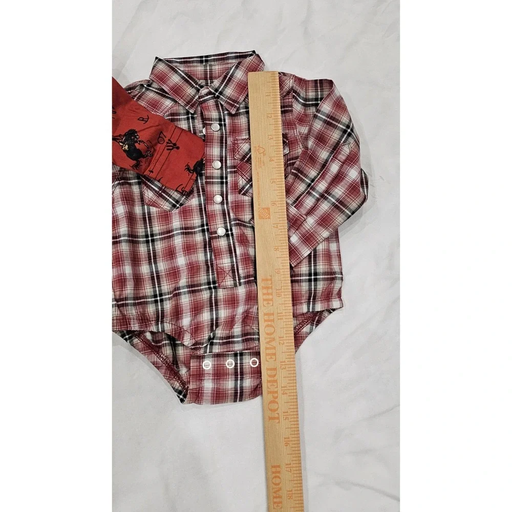 Cowboy Hardware & Wrangler Infant Bodysuit Lot Pearl Snap Two 6 mo & One 0-3 mo